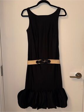 Lela Rose Black Midi Dress with Beige Accent Belt